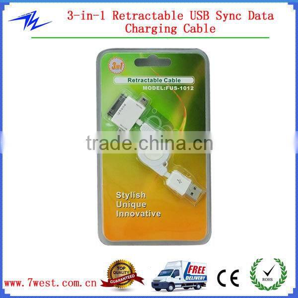 High Speed 3 IN 1 Retractable USB Cable For iPhone support IOS 8.0 /Samsung/HTC