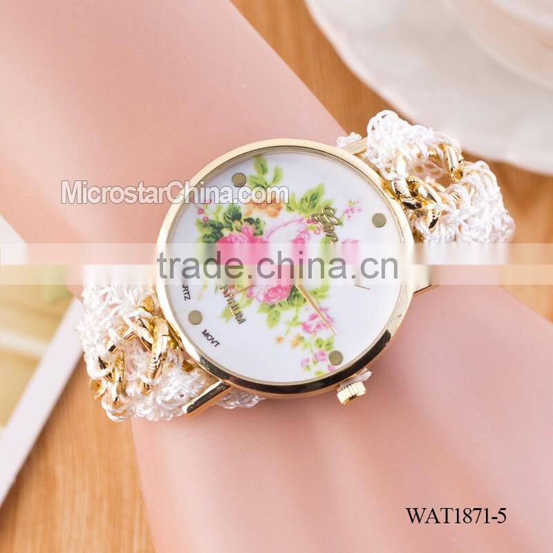 DIY hand made woven chain flowers watch women