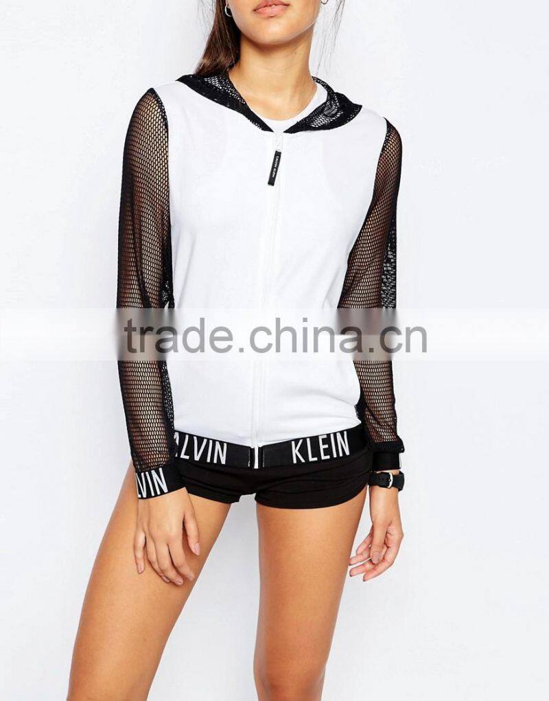 Low MOQ high quality promotion mesh eye cloth on the sleeves 100 % cotton tone women fashion hoodies