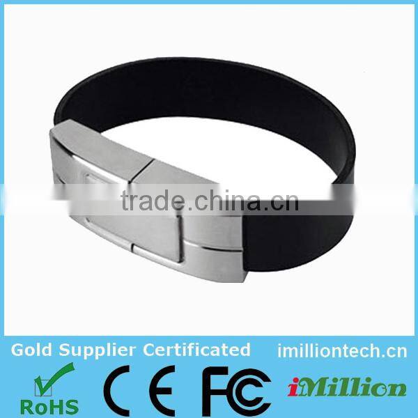 custom Stainless Steel leather cuff bracelet usb with engraved metal plate