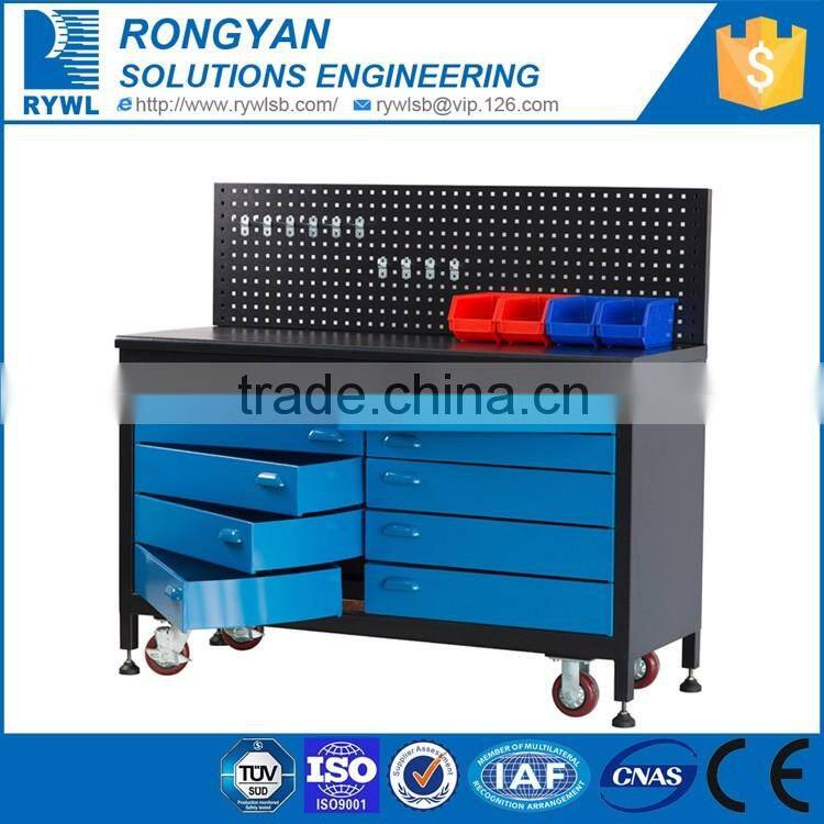 blue metal workstation with roller drawers