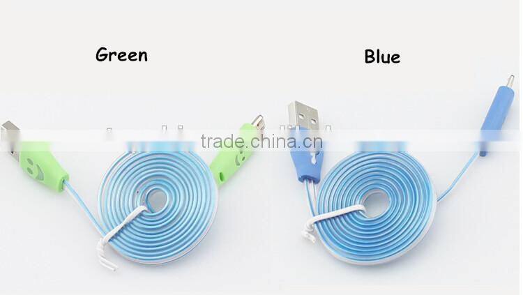 Mix Color Flashing Visible Luminous Smiling Face Micro USB Cable LED Glow Sync Data Charger Cables, Noodle Cables for Samsung