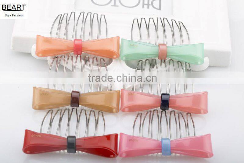 Kids magic hair accessories plastic resin bow decorative hair comb with 7 metal teeths