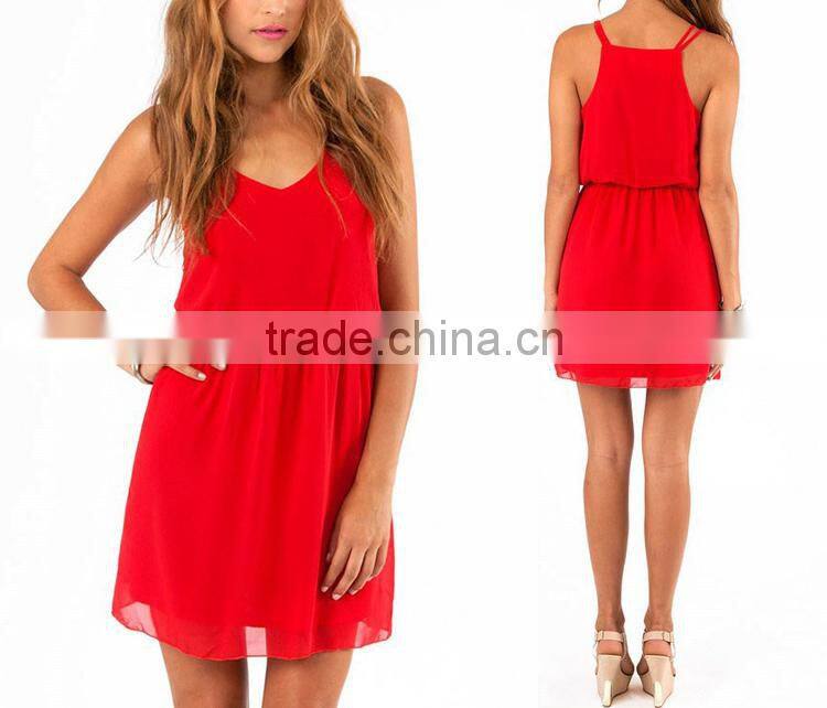 2015 New Women Summer Dress Black Red Double Strap Chiffon Dress Sexy V-neck Skirt Sleeveless Dress XS-XXL
