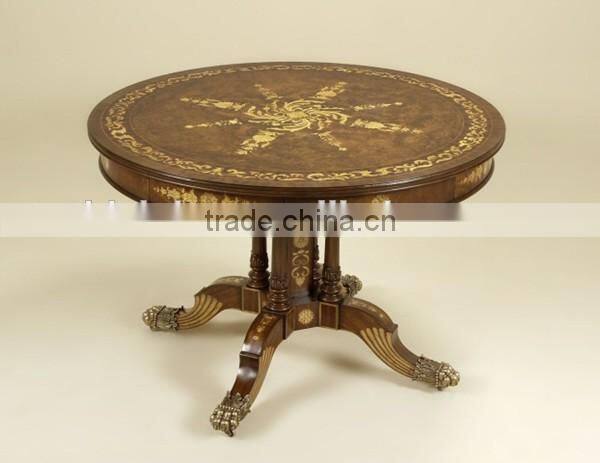 Antique Wood Carving Curio Dinning Room Table, Exquisite Gold Painted Round Dinning Table, Classical Drawing Art Dinner Table