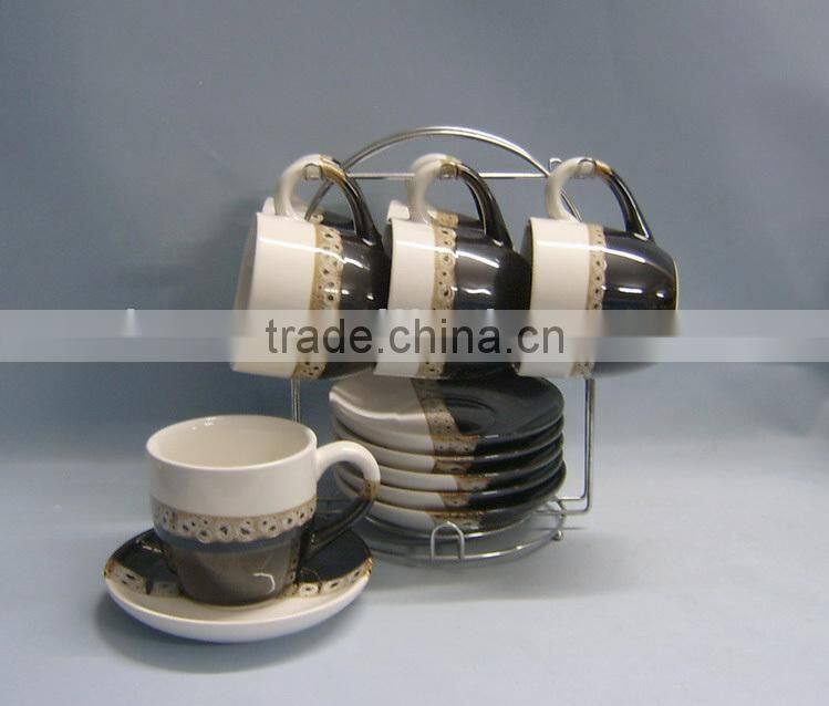 Set of 6 double glazed ceramic sublimation mug and saucer with stand