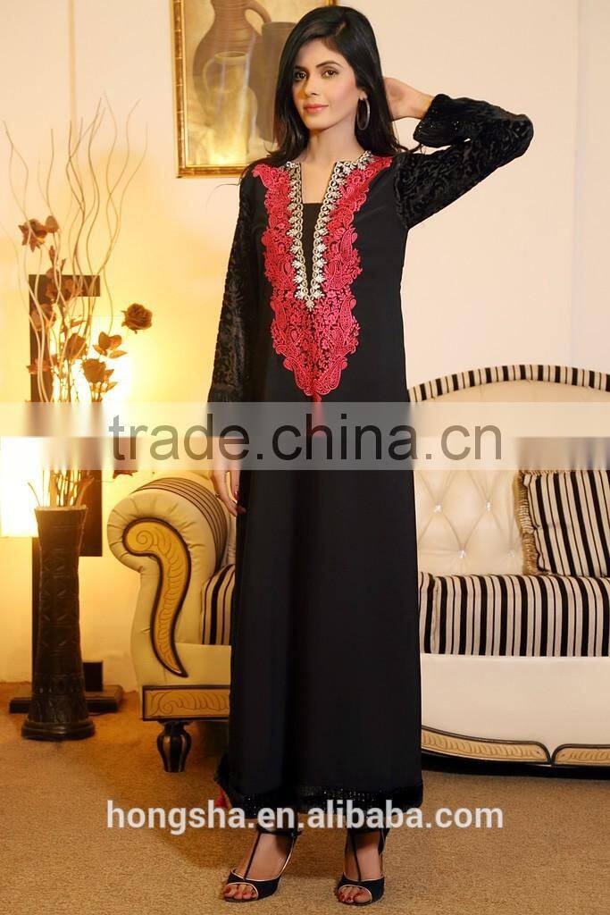 Fashion Designer Winter Front Neck Embroidery Designs For Long Kurtis With Velvet sleeves Pakistani Style HSD7739