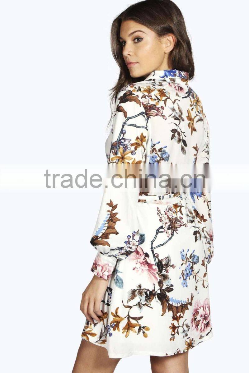 Wholesale latest custom floral printing low cut v neck bandage dress 2016