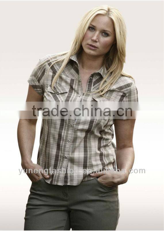 ladies plus size blouse short sleeve cotton blouse Checked blouse
