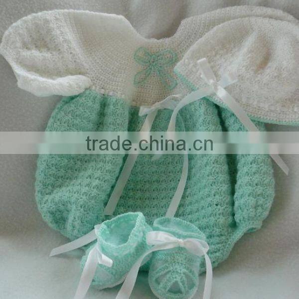 Ribbon Pattern with Hat and Shoes Handmade Baby Dress Crochet