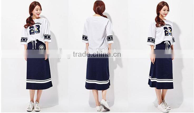 Female money navy blue printed knitted waistband draw string dress