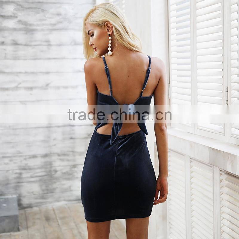 Backless Velvet Fabric Sexy Honeymoon Dresses Bow Bodycon 2017 Dresses Women Lady