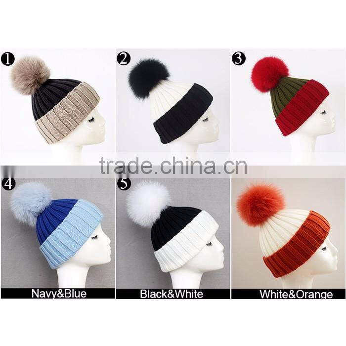 Myfur Classical Women Beanie Hat with Big Soft Real Fox Fur Pom Pom Knitting Cap