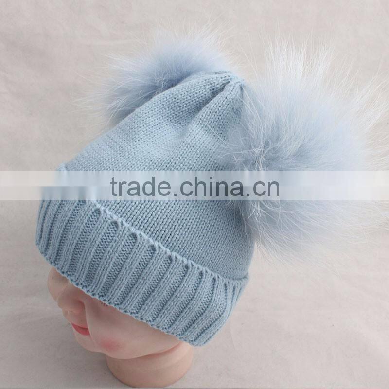 Myfur Wholesale Children's Fall Winter Hat Striped Wool Hat Knitted Baby Beanie Hat with Fur Ball
