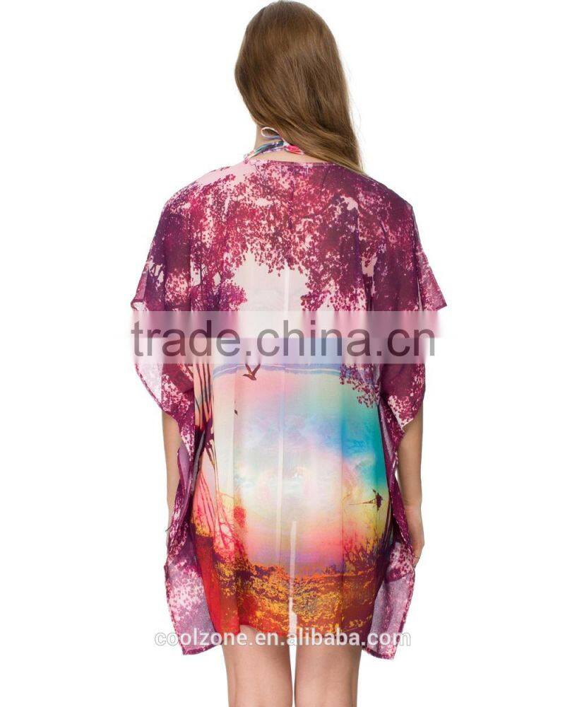 Relaxed fit lace v neck lakeside print kaftan women kaftan dress