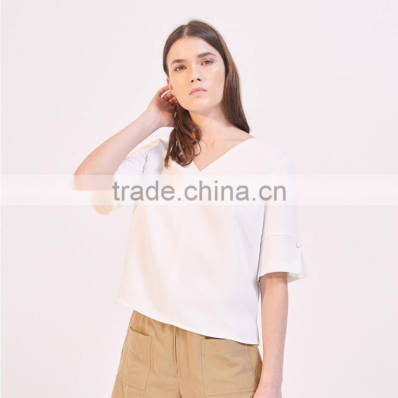 Women's loose fit V neck press studs on short slited sleeves tank blouse