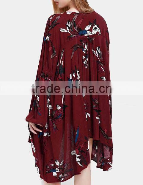 2017 Deep-v floral printed loose long sleeve sexy chiffon dress for lady