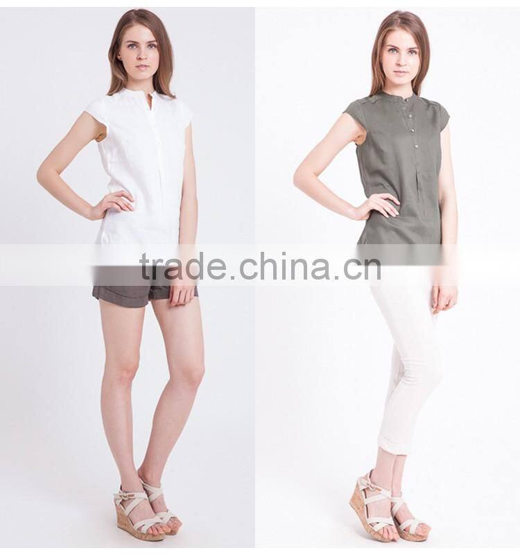High quality blouse 100% linen shirts for women wholesale short-sleeved linen shirt in guangzhou