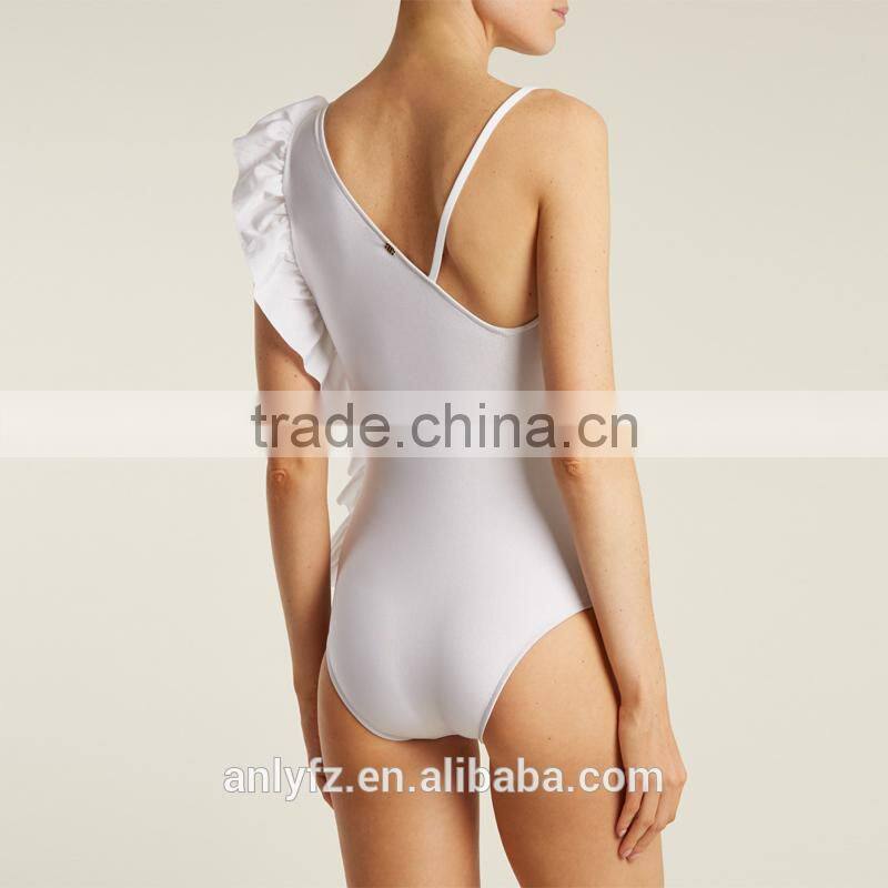 China factory wholesale embroidered asymmetric ruffle one piece swimsuit women