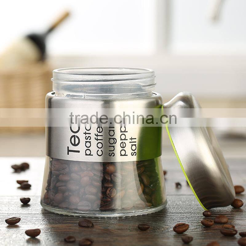 High quality stainless steel spice sugar salt pepper coffee storage bottle glass food storage jar