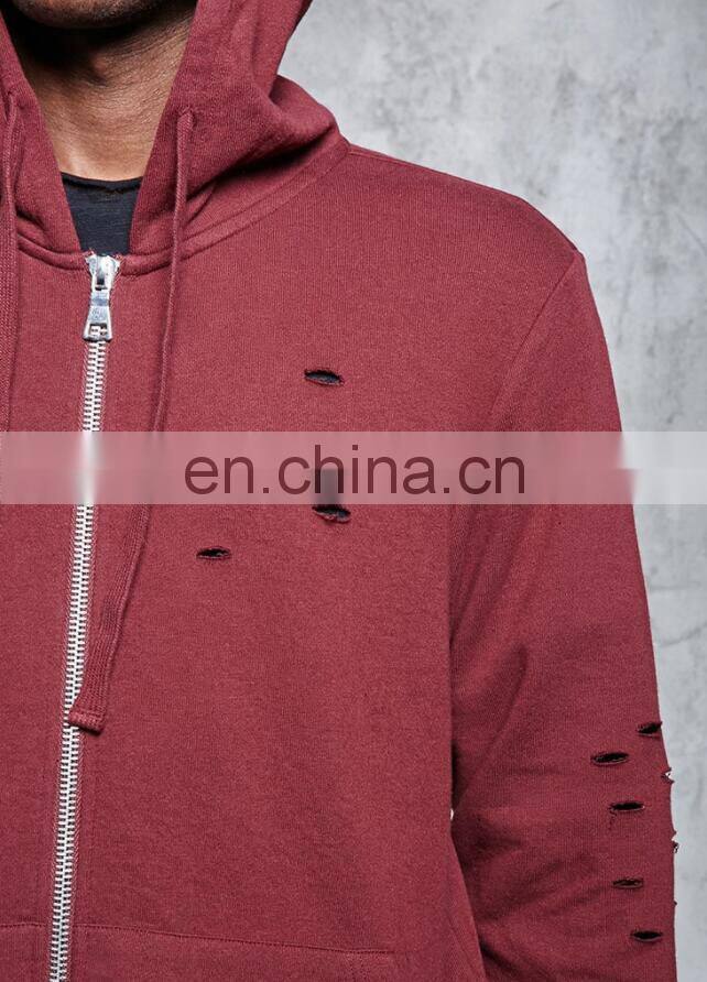 2017 OEM Factory Cotton Polyester High-Polish Zip-Front Distressed Men French Terry Hoodie