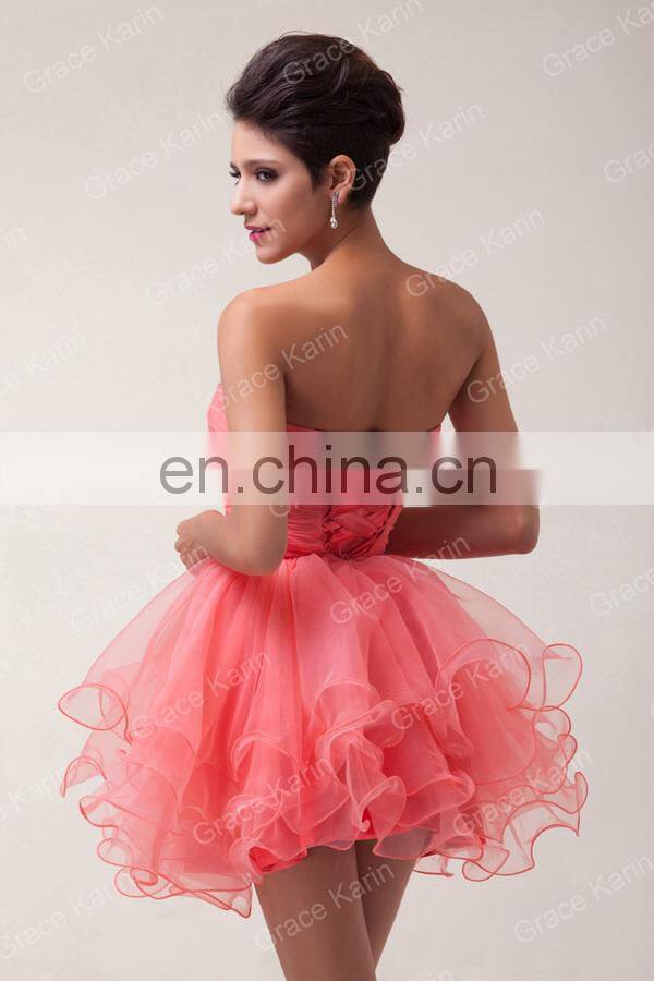 Grace Karin Strapless Watermelon Red Beaded Cocktail Dresses Short CL6077-1