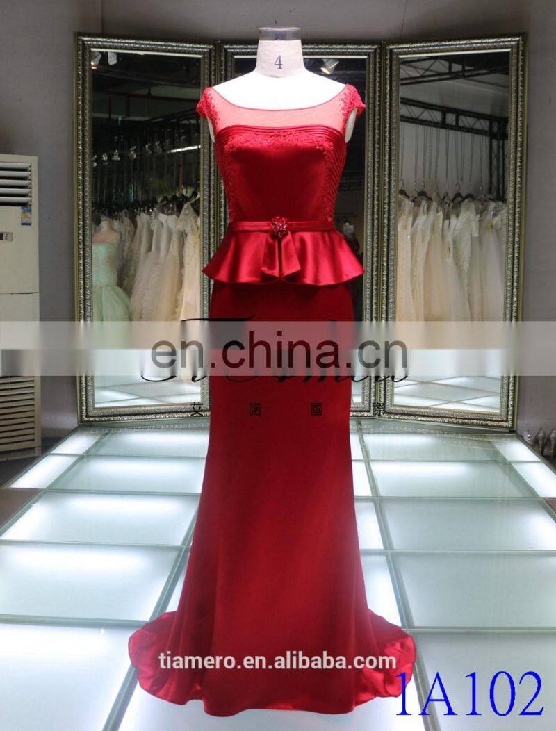 1A102 Red Sash Satin Flower Beaded Column Back See Through Evening Dress Prom Dress