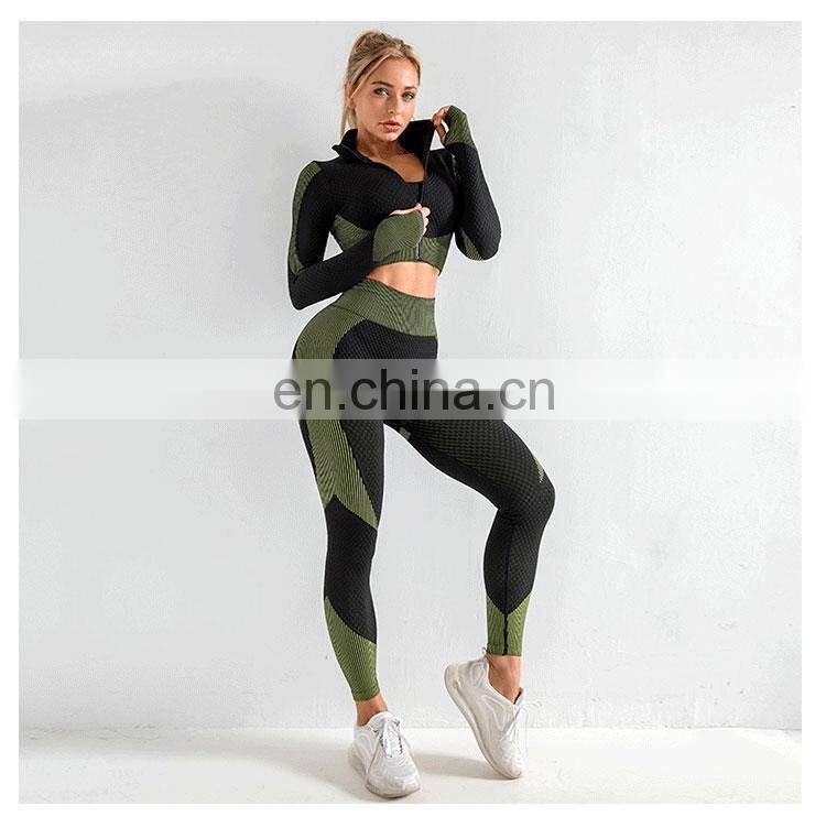 Wholesale women 3 pieces crop top leggings and sports bra workout clothes 3 pieces seamless yoga belt zipper suit