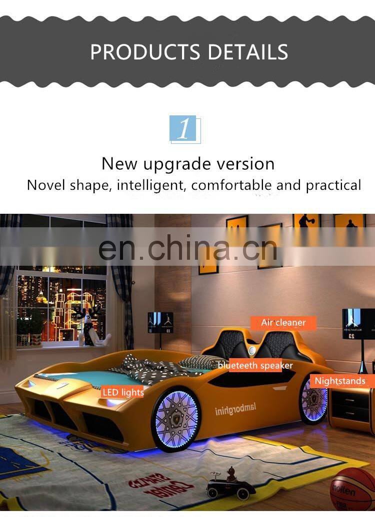 2021New leather bed princess LED light children bed Cute race car bed