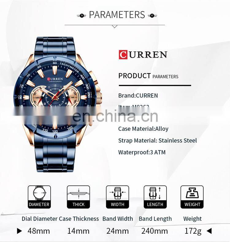 CURREN 8363 Men Quartz Watch With Logo Stainless Steel Japan Quartz Chronograph Business Men Wrist Watches