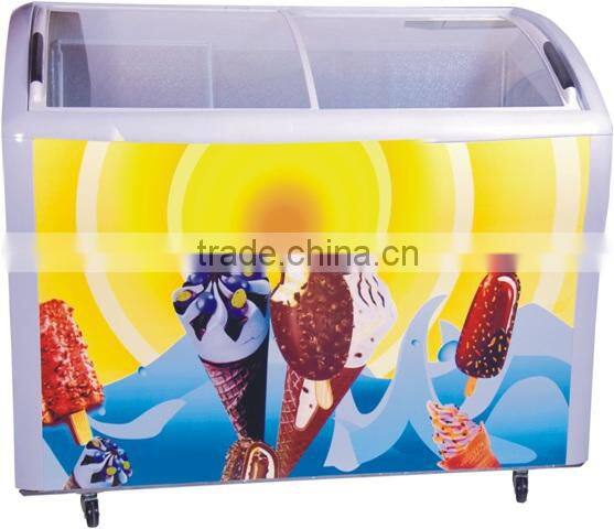 Curved glass door ice cream chest freezer with CB/CE/UL/CCC