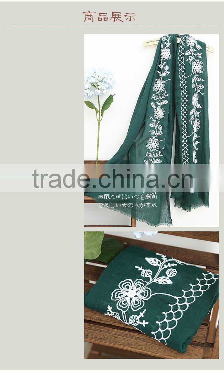New Style Soft Long Cotton Flower Embroidery Hijab