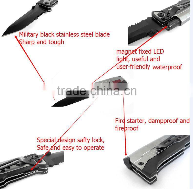 2015 hot folding knife with safty lock and LED light,multrifunction survival knife