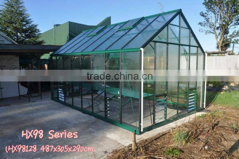 new-style and widely used deluxe tempered glass greenhouse with green aluminium frame