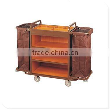 stainless steel like wood brown color hotel guest room service cart high quality cleaning trolley sign bag