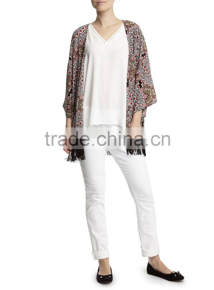 2015 Latest European Summer Fashion Red Fringed Tassel Kimono
