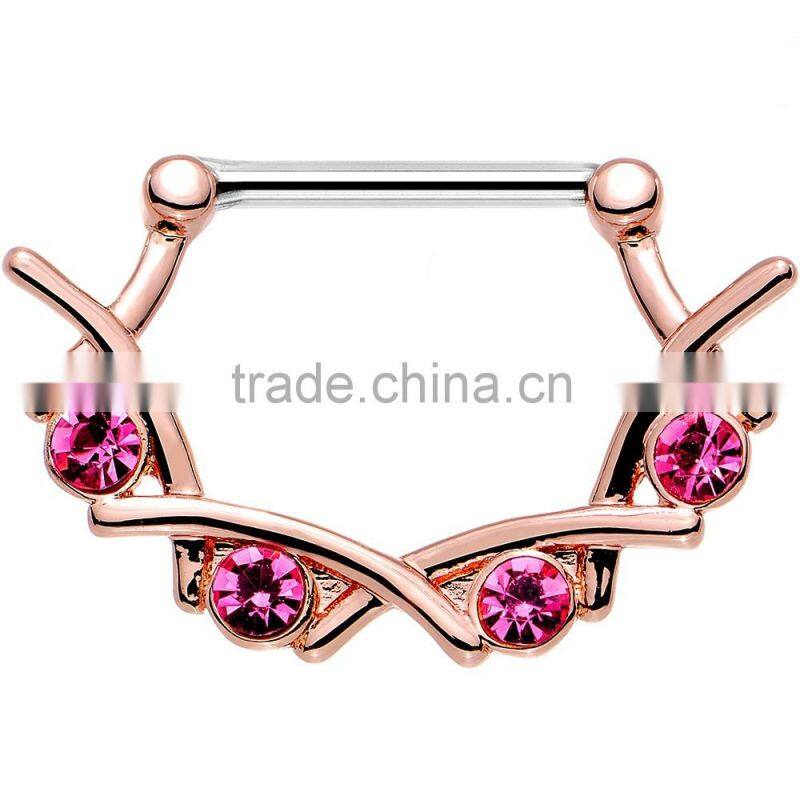 Pink/Aurora Gem Steel Rose Gold Plated Jagged Quartet Nipple Clicker