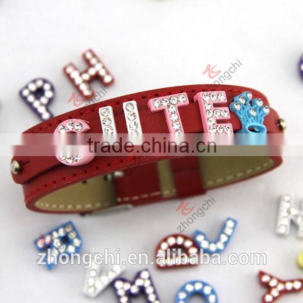 Wholesale purple, orange glitter leather bracelet, assorted slide charms diy leather bracelet