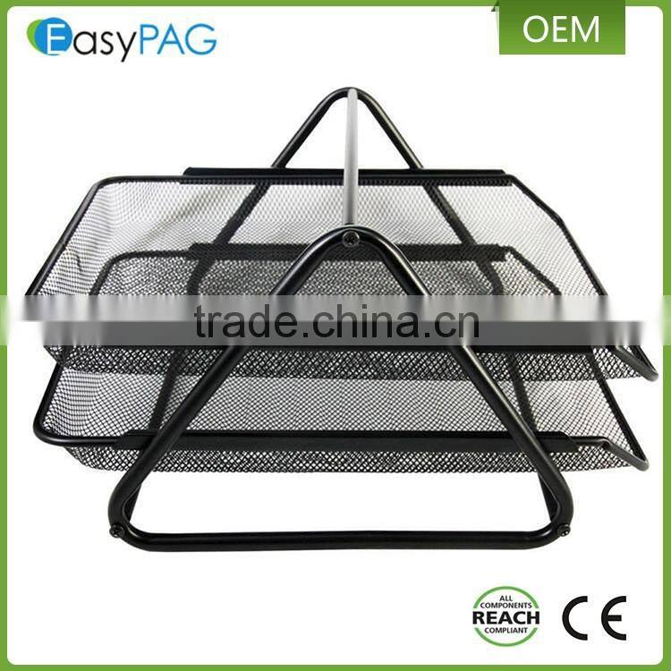 Triangle support 2 tier black metal mesh desk office file magazine rack
