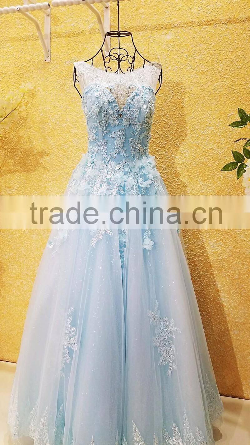 Free Shipping Real Sample Light Blue Beading Evening Dresses 2016 Crystal Flower Applique Open Back Bow Sash Party Gown ML183
