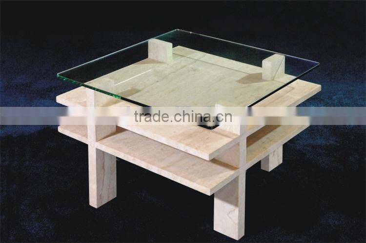 Italian white travertine stone base glass end table