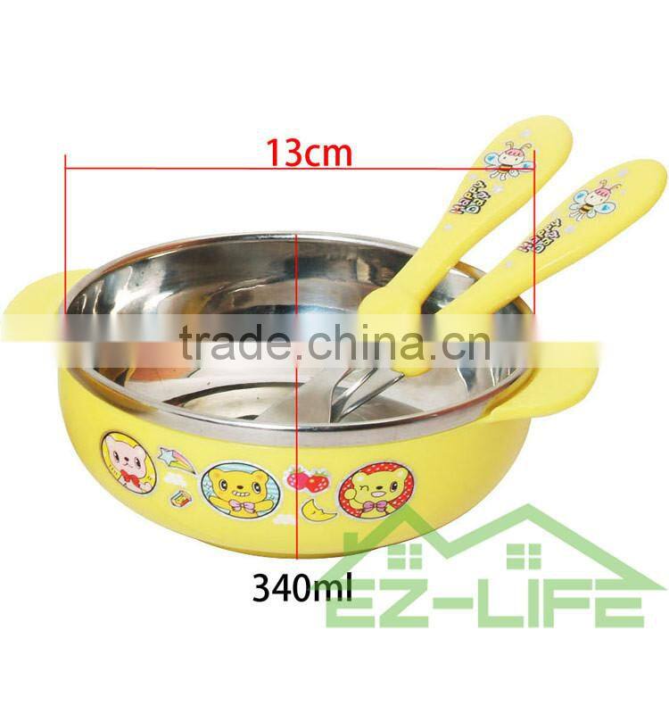 Stainless steel food feeding bowls with spoon and plastic chopsticks kids tableware set