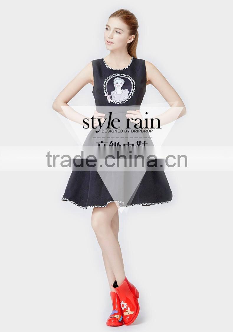 2017 hand printed style pvc ankle rain boots for women