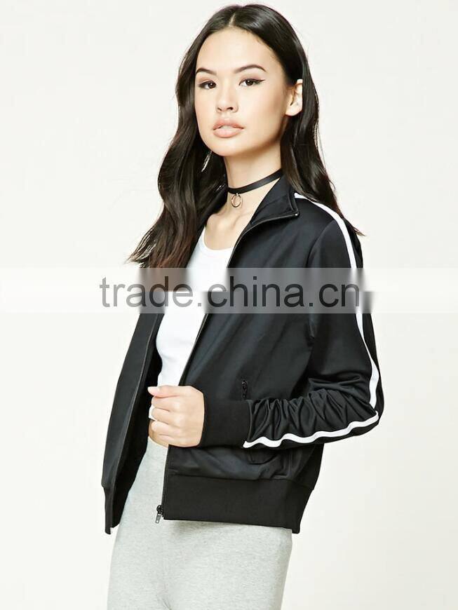 Wholesale Track Jackets Mock Neck Long Sleeve Contrast Stripe Ribbed Trim Running Sports Varsity Jacket Black Varsity Jacket