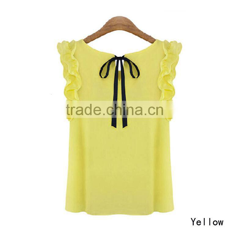 Plus Size Ladies Blouses 2015 New Summer Women Blouse O-Neck Lotus Leaf Casual Shirt Women Clothing Lacing Bow Chiffon Blouse