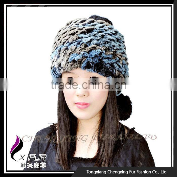 CX-C-111B Wholesale Custom Knitted Winter Rex Rabbit Fur Pom Pom Hat