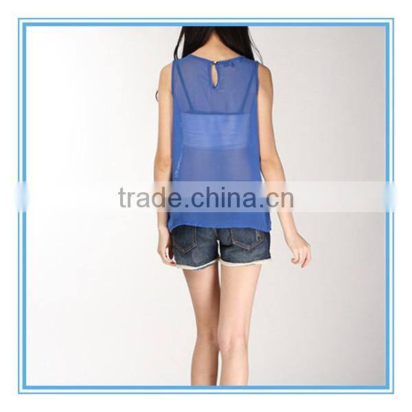 Wholesale Sleeveless Blue Anti-shrink Ladies Fashion Vest Sequin Top