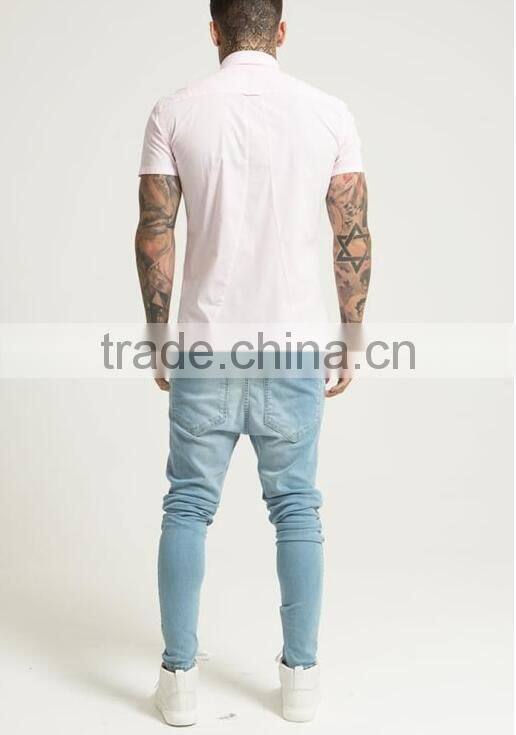 Mens high quality pink shirts slim fit shirts short sleeves shirts for sale