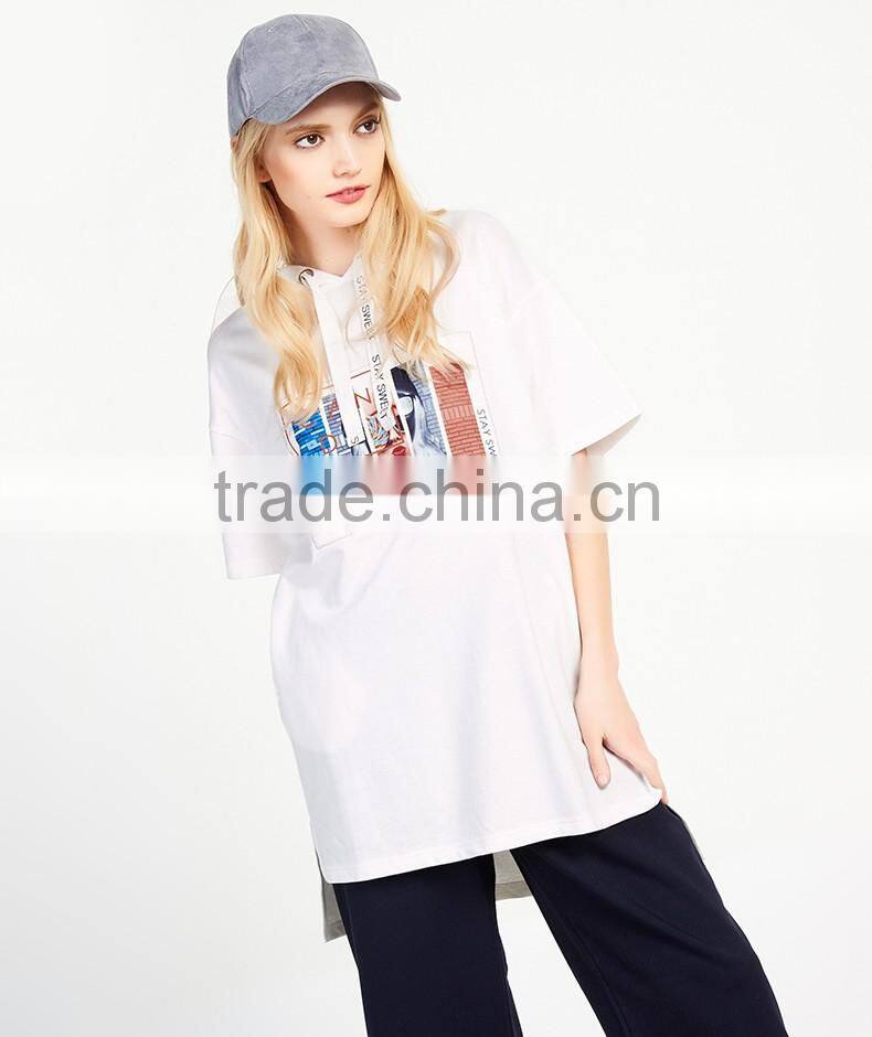 Custom Womens Short Sleeve Printing Casual Oversize Longline Hooded T Shirts hip hop