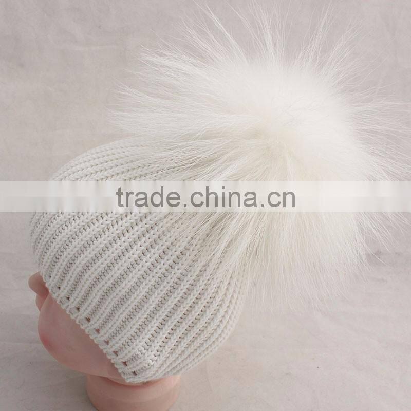 Myfur Kids Hat Pure White Genuine Fur Pom Pom Crochet Winter Knitting Hat